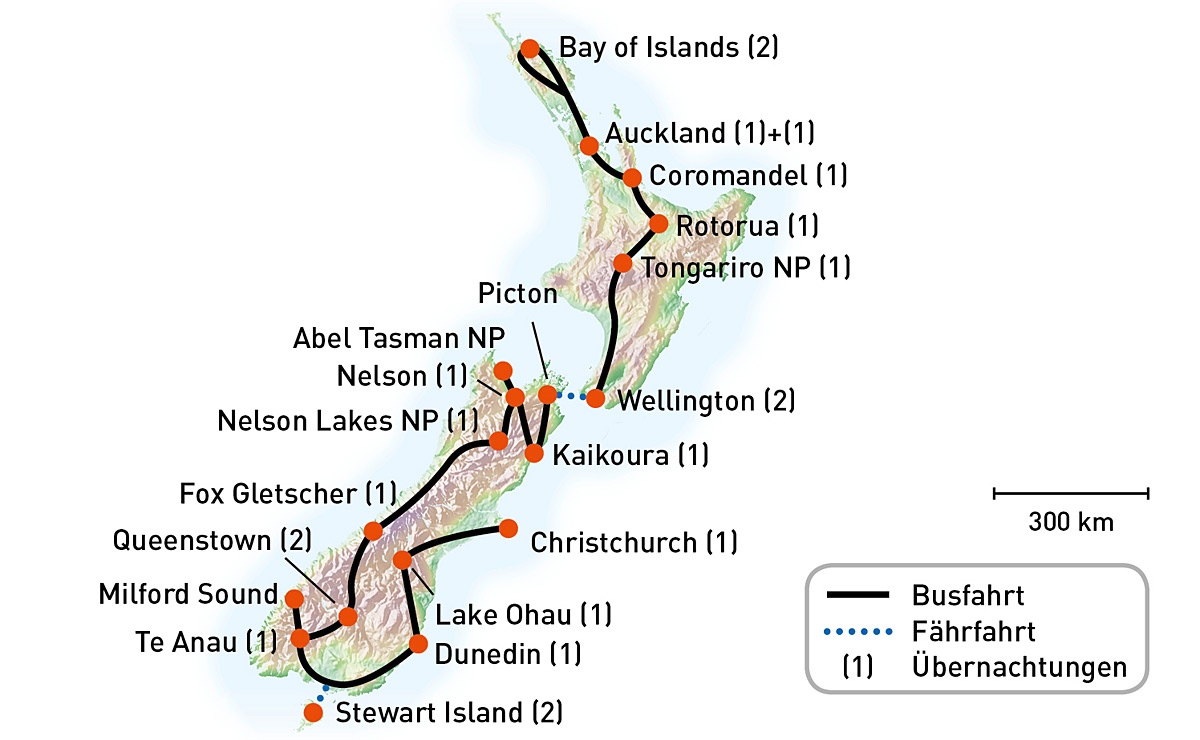 Karte zu Naturwunder Neuseelands mit Bay of Islands